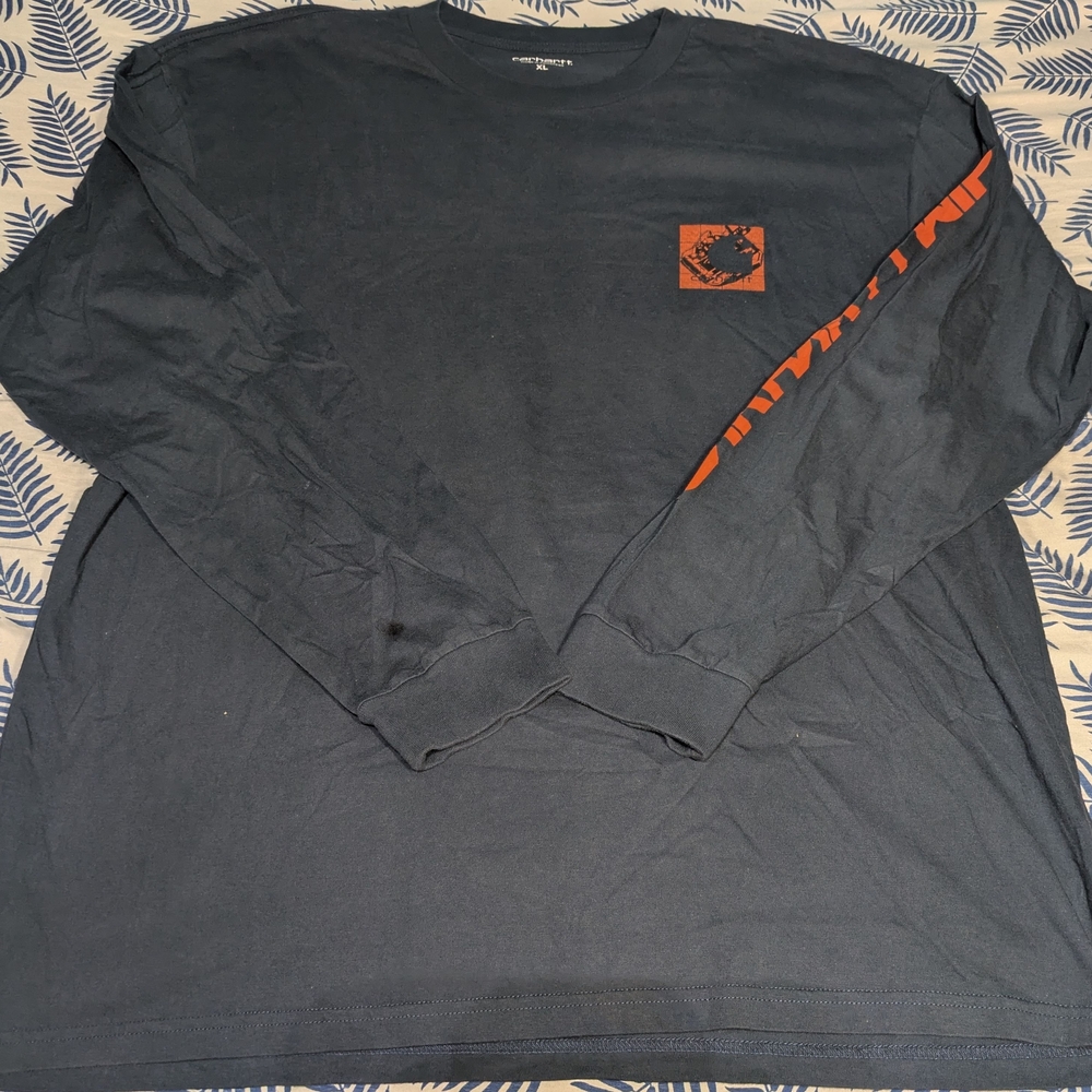 Carhartt WIP Navy Long Sleeve Tee with Orange Accents